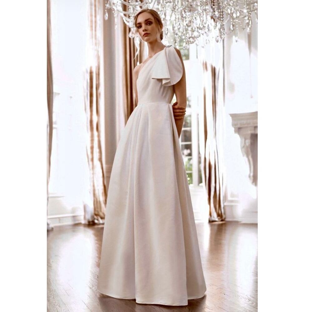 Sachin & Babi Martina One-Shoulder Gown Jeweled Wedding Dress white size 8